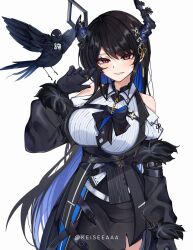 Rule 34 | 1girl, absurdres, asymmetrical horns, bare shoulders, bird, black hair, blue hair, breasts, colored inner hair, demon horns, fur trim, gloves, hair ornament, highres, hololive, hololive english, horns, keisea, large breasts, long hair, looking at viewer, mole, mole under eye, multicolored hair, nerissa ravencroft, nerissa ravencroft (1st costume), red eyes, shadow (nerissa ravencroft), smile, solo, two-tone hair, uneven horns, very long hair, virtual youtuber
