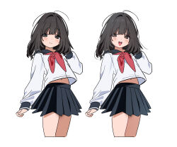 1girl :d absurdres ahoge arm_at_side black_hair black_sailor_collar black_skirt blush brown_eyes commentary cowboy_shot cropped_legs dot_nose hand_up highres legs_together long_hair long_sleeves looking_at_viewer midriff_peek miniskirt multiple_views navel neckerchief open_mouth original pleated_skirt red_neckerchief sailor_collar shirt skirt smile standing straight_hair symbol-only_commentary tanghulu_(bbbb1123112) teeth upper_teeth_only white_background white_shirt