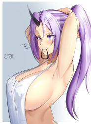 Rule 34 | 1girl, absurdres, adjusting hair, apron, armpits, arms behind head, arms up, black horns, blush, breasts, castell, cleavage, closed mouth, collarbone, covered erect nipples, from side, grey background, hair between eyes, hair tie in mouth, highres, holding, holding hair, horn, horns, large breasts, light blush, long hair, mouth hold, nail polish, naked apron, oni, oni girl, oni horn, oni horns, parted bangs, ponytail, purple eyes, purple hair, purple nails, shiny skin, shion (tensei shitara slime datta ken), short eyebrows, sideboob, single horn, smile, solo, tensei shitara slime datta ken, upper body, white apron