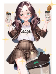 Rule 34 | + +, 1girl, bead necklace, beads, brown hair, brown jacket, brown skirt, commentary request, cookie, cup, dongchuan, earrings, food, forehead, green eyes, highres, holding, holding cup, hololive, jacket, jewelry, milkshake, miniskirt, natsuiro matsuri, natsuiro matsuri (street casual), necklace, open mouth, petite, plaid, plaid skirt, pleated skirt, pov, shirt, shirt tucked in, skirt, smile, solo, sparkle, standing, standing on one leg, t-shirt, virtual youtuber, wavy hair