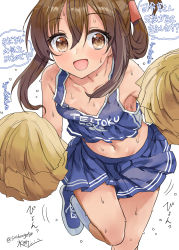 Rule 34 | 1girl, artist name, bad anatomy, blue skirt, blush, brown eyes, brown hair, cheering, cheerleader, collarbone, foot out of frame, hair between eyes, highres, holding, holding pom poms, inazuma (kancolle), kantai collection, long hair, mizuta kenji, motion lines, navel, open mouth, pleated skirt, pom pom (cheerleading), pom poms, signature, simple background, skirt, smile, solo, speech bubble, sweat, translation request, twitter username, very sweaty, white background