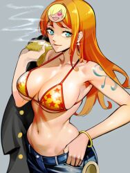 1girl absurdres black_coat blue_eyes breasts cigarette coat collarbone cowboy_shot curvy earrings highres holding holding_coat holding_unworn_clothes jewelry large_breasts long_hair nadainishi nami_(one_piece) nami_(one_piece)_(post-timeskip) navel one_piece orange_hair sanji_(one_piece) shiny_skin shoulder_tattoo smoking solo tattoo unworn_coat wide_hips