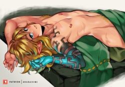 Rule 34 | 1boy, absurdres, akaihimi, armpit hair, blonde hair, blush, highres, link, looking at viewer, lying, male focus, male pubic hair, navel, nintendo, nipples, on back, patreon username, pointy ears, pubic hair, solo, the legend of zelda, the legend of zelda: tears of the kingdom
