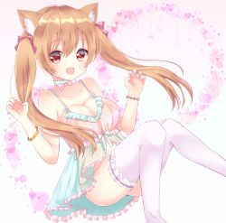 Rule 34 | 1girl, :d, animal ears, babydoll, bad id, bad pixiv id, blush, bow, bow babydoll, bow choker, braid, breasts, brown hair, cat ears, choker, claw pose, cleavage, commentary, fang, frilled babydoll, frilled thighhighs, frills, hair bow, hamico, heart, invisible chair, legs, light blush, lingerie, looking at viewer, medium breasts, nail polish, no panties, open mouth, original, pink babydoll, pink bow, purple nails, purple thighhighs, red eyes, sitting, smile, solo, sparkle, thighhighs, twintails, underwear, white choker
