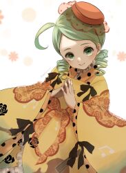 Rule 34 | 1girl, drill hair, floral print, green eyes, green hair, highres, japanese clothes, kanaria, kimono, kiru (m putorius), looking at viewer, medium hair, musical note, own hands together, rose print, rozen maiden, smile, solo, steepled fingers, tilted headwear, twin drills, upper body, wide sleeves, yellow kimono