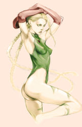 Rule 34 | 1girl, armpits, arms behind head, arms up, ass, barefoot, beret, blonde hair, braid, breasts, cammy white, camouflage, capcom, covered erect nipples, elbow gloves, from side, gloves, green eyes, green leotard, halterneck, hand on own head, hat, unworn hat, unworn headwear, highleg, highleg leotard, holding, ikeda masateru, impossible clothes, impossible leotard, leg lift, leotard, lips, long hair, looking afar, parted lips, pink background, red gloves, ribs, simple background, skin tight, small breasts, solo, standing, standing on one leg, street fighter, tattoo, thong, thong leotard, turtleneck, twin braids, very long hair