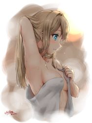 Rule 34 | 1girl, areola slip, arm behind head, arm up, armpits, bare shoulders, blue eyes, blush, breasts, brown background, brown hair, cleavage, collarbone, commentary request, cropped torso, from side, girls&#039; frontline, hair intakes, highres, long hair, medium breasts, naked towel, parted lips, profile, signature, smile, solo, suomi (girls&#039; frontline), towel, twitter username, upper body, wet, yukinoshiro