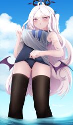 Rule 34 | 1girl, absurdres, ahoge, alternate costume, black thighhighs, blue archive, blue sky, blurry, blush, clothes lift, cloud, cloudy sky, commentary request, demon girl, demon horns, demon wings, depth of field, forehead, from below, gluteal fold, groin, hair ornament, hairclip, highres, hina (blue archive), hina (swimsuit) (blue archive), horizon, horns, in water, lifted by self, long hair, looking at viewer, looking down, maru (user gxyj4735), official alternate costume, old school swimsuit, one side up, outdoors, parted bangs, parted lips, purple eyes, school swimsuit, school uniform, see-through, see-through shirt, serafuku, shirt, shirt lift, short sleeves, sidelocks, sky, sleeveless, solo, swimsuit, swimsuit under clothes, thighhighs, wavy mouth, white hair, white shirt, wings