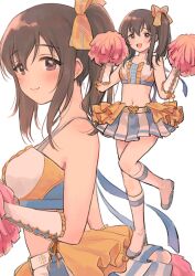 Rule 34 | 1girl, bare shoulders, black hair, blush, boots, bow, breasts, brown eyes, cheerleader, closed mouth, collarbone, crop top, cross-laced clothes, cross-laced sleeves, detached sleeves, frills, fujiwara hajime, furorida, hair between eyes, hair ribbon, heart belt, holding, holding pom poms, idolmaster, idolmaster cinderella girls, idolmaster cinderella girls starlight stage, knee boots, long hair, looking at viewer, medium breasts, miniskirt, multiple views, navel, open mouth, pleated skirt, pom pom (cheerleading), pom poms, ribbon, side ponytail, simple background, skirt, smile, standing, standing on one leg, white background, yellow ribbon