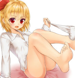 Rule 34 | 1girl, ass, barefoot, blonde hair, bottomless, chiroshiron, fang, feet, hair ribbon, legs up, long sleeves, naked shirt, open mouth, red eyes, ribbon, rumia, shirt, sitting, sock pull, soles, solo, toes, touhou, undressing