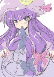 Rule 34 | 1girl, coo (coonekocoo), female focus, hair ribbon, hat, mouth hold, patchouli knowledge, purple hair, ribbon, solo, touhou, white background