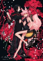 1boy 1girl absurdres animal_ear_fluff animal_ears at_jjangmas bare_shoulders bell black_background black_coat black_dress black_gloves black_hair braid braided_ponytail breasts changpao china_dress chinese_clothes closed_eyes closed_mouth clothing_cutout coat double_bun dress falling_petals fate/grand_order fate_(series) fishing_rod floral_background folding_fan fox_ears fox_girl fox_tail full_body glasses gloves hair_between_eyes hair_bun hair_ornament hand_fan high_collar highres holding holding_fan holding_fishing_rod jingle_bell koyanskaya_(chinese_lostbelt_outfit)_(fate) koyanskaya_(fate) large_breasts long_hair long_sleeves looking_at_viewer open_mouth pants petals pink_hair side_slit sitting smile standing striped_clothes striped_pants taigong_wang_(fate) tail tamamo_(fate) tassel tassel_hair_ornament underboob underboob_cutout vertical-striped_clothes vertical-striped_pants white-framed_eyewear yellow_eyes