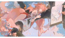 Rule 34 | 1girl, absurdres, animal ears, artist name, blue sky, branch, cherry blossoms, closed mouth, earrings, flower, fox ears, fox girl, fox tail, genshin impact, highres, japanese clothes, jewelry, long hair, looking at viewer, lying, lying on branch, nontraditional miko, pink flower, pink hair, purple eyes, qiqi~, sky, solo, tail, yae miko