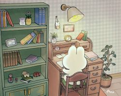Rule 34 | ayu (mog), book, book stack, bookshelf, rabbit, clock, daisy, desk, flower, from behind, lamp, matryoshka doll, no humans, open book, original, plant, potted plant, reading, signature, sitting, tree, white flower