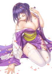 Rule 34 | 10s, 1girl, alternate hairstyle, bare shoulders, breasts, cleavage, closed eyes, female focus, feng dai hr, garter straps, hair bun, hair ornament, hair stick, japanese clothes, kimono, large breasts, love live!, love live! school idol festival, love live! school idol project, obi, petals, purple hair, sash, seiza, simple background, single hair bun, sitting, solo, thighhighs, tojo nozomi, white thighhighs, ||/