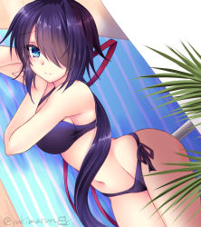 Rule 34 | 1girl, bikini, black bikini, black hair, blue eyes, breasts, cleavage, commentary request, dutch angle, groin, hair over one eye, hair ribbon, kako (kancolle), kantai collection, large breasts, long hair, looking at viewer, lying, messy hair, on side, parted bangs, ponytail, red ribbon, ribbon, side-tie bikini bottom, smile, solo, split mouth, swimsuit, tamagawa yukimaru, twitter username