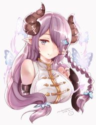 Rule 34 | 10s, 1girl, bare shoulders, black gloves, braid, breasts, cow girl, cow horns, dress, elbow gloves, female focus, fingerless gloves, furiten, gloves, granblue fantasy, hair ornament, hair over one eye, hairclip, horns, large breasts, long hair, looking at viewer, narmaya (granblue fantasy), pointy ears, purple eyes, purple hair, simple background, solo, upper body, white background