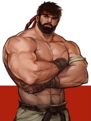 Rule 34 | 1boy, abs, alternate facial hair, arm hair, bara, beard, chest hair, cowboy shot, crossed arms, dopey (dopq), dougi, facial hair, headband, highres, large pectorals, male focus, mature male, muscular, muscular male, mustache, navel, navel hair, original, pants, pectorals, ryu (street fighter), short hair, solo, stomach, street fighter, thick eyebrows, topless male, white pants