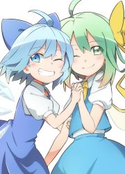 Rule 34 | 2girls, ahoge, ascot, blouse, blue dress, blue eyes, blue hair, blue ribbon, blue skirt, blue vest, blush, bow, cirno, closed mouth, daiyousei, dress, dress shirt, fairy, fairy wings, green eyes, green hair, hair bow, happy, highres, holding hands, ice, ice wings, multiple girls, puffy short sleeves, puffy sleeves, ribbon, shirt, short hair, short sleeves, simple background, skirt, teeth, touhou, vest, white background, white shirt, wings, yellow ascot, yellow bow, yutamaro