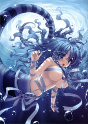Rule 34 | 1girl, :o, absurdres, aqua eyes, arm ribbon, blue eyes, blue hair, blue theme, blush, breasts, bubble, floating hair, from below, hair ribbon, hair spread out, highres, lamia, large breasts, long hair, long tail, matching hair/eyes, mermaid, monster girl, naked ribbon, navel, open mouth, original, ribbon, sayori (neko works), see-through, shadow, snake, solo, striped, sunlight, surprised, tail, underboob, underwater, wavy hair