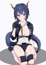 Rule 34 | 1girl, arknights, belt, black footwear, black gloves, black jacket, black shorts, blue belt, blue hair, blush, breasts, button gap, ch&#039;en (arknights), cleavage, closed mouth, collarbone, collared shirt, commentary, dragon horns, dragon tail, full body, gloves, grey background, hjl (15623862639), holding, holding own hair, horns, jacket, knee pads, looking at viewer, medium breasts, medium hair, necktie, no bra, open clothes, open jacket, red eyes, see-through, seiza, shirt, shoes, short shorts, shorts, simple background, sitting, solo, sweat, tail, thighs, twintails, wet, wet clothes, wet shirt, white shirt, wing collar, yellow necktie