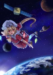 Rule 34 | 1girl, absurdres, ascot, bad id, bad pixiv id, blonde hair, earth (planet), female focus, flandre scarlet, flying, full moon, hat, hat ribbon, heart, heart-shaped pupils, highres, lio, looking away, mars (planet), milky way, mob cap, moon, open mouth, outstretched arm, pantyhose, red eyes, ribbon, satellite, saturn (planet), short hair, side ponytail, skirt, skirt set, solo, space, star (sky), sun, symbol-shaped pupils, touhou, wings