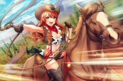 1girl blue_sky cactus cowboy cowboy_hat cowboy_western cowgirl_(western) d4dj happy hat holding holding_lasso holding_reins horse horseback_riding lasso reins riding saddle seto_rika sheriff_(western) sheriff_badge sky western