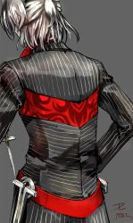 Rule 34 | 1boy, antonio salieri (fate), antonio salieri (second ascension) (fate), commentary request, dagger, fate/grand order, fate (series), formal, from behind, grey background, half updo, knife, male focus, pfalz, signature, silver hair, simple background, solo, suit, weapon