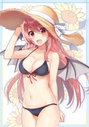Rule 34 | 1girl, :d, absurdres, alternate costume, bare shoulders, bikini, black bikini, blush, breasts, brown eyes, cleavage, collarbone, cowboy shot, demon girl, demon wings, floral background, flower, front-tie bikini top, front-tie top, hat, hat ribbon, head wings, highres, koakuma, long hair, looking at viewer, medium breasts, navel, open mouth, pink hair, red eyes, red hair, ribbon, smile, solo, standing, stomach, straw hat, sunflower, swimsuit, touhou, very long hair, white ribbon, wings, yada (xxxadaman)