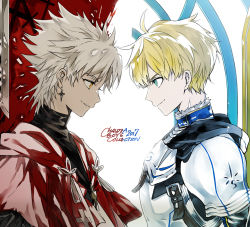 Rule 34 | 2boys, ahoge, amakusa shirou (fate), armor, arthur pendragon (fate), blonde hair, cape, dark-skinned male, dark skin, fate/apocrypha, fate/grand order, fate/prototype, fate (series), green eyes, grey eyes, looking at another, male focus, multiple boys, smile, suou (sdurorhr), white hair