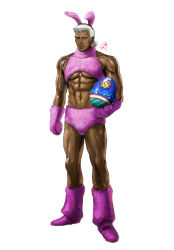 Rule 34 | 1boy, abs, animal ears, blue eyes, boots, closed mouth, dark-skinned male, dark skin, dedue molinaro, easter, easter egg, egg, fake animal ears, fire emblem, fire emblem: three houses, full body, gloves, highres, leotard, looking at viewer, male focus, muscular, nintendo, pectorals, playboy bunny, rabbit ears, soeda ippei, solo, thighs, white hair