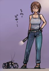 Rule 34 | 00s, 1girl, breasts, brown eyes, brown hair, casual, crab, denim, flashlight, gloves, hand on own hip, hip focus, jeans, large breasts, aged up, pants, rozen maiden, short hair, solo, souseiseki, tank top, tsuda nanafushi