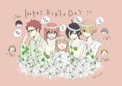 Rule 34 | 4girls, 5boys, :d, adjusting eyewear, ahoge, birthday, black hair, blonde hair, bow, bowtie, character request, chibi, collared shirt, commentary request, dated, dress shirt, english text, everyone, flower, glasses, green shirt, hair over one eye, head wreath, kicchan (tanakeda), long hair, long sleeves, loose clothes, loose shirt, medium hair, miyano (tanakeda), multiple boys, multiple girls, one eye closed, one eye covered, oota saya, open mouth, orange hair, patting back, petals, pink background, red hair, shimura (tanakeda), shiraishi (tanakeda), shirt, short hair, short sleeves, simple background, smile, tanaka-kun wa itsumo kedaruge, uda nozomi, v, waving, white shirt