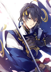 Rule 34 | 1boy, black gloves, blue background, blue eyes, blue hair, dark blue hair, expressionless, gloves, holding, holding sword, holding weapon, japanese clothes, long sleeves, looking at viewer, male focus, mikazuki munechika, mochizuki shiina, multicolored background, parted lips, short hair, solo, sword, teeth, touken ranbu, weapon, white background