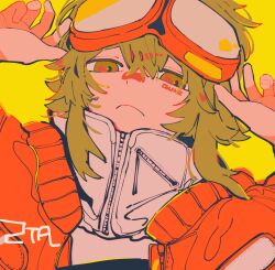 Rule 34 | 1girl, 2sbd0, absurdres, bandaid, bandaid on face, bandaid on nose, character name, closed mouth, frown, goggles, goggles on head, green eyes, green hair, gumi, hair between eyes, hands up, high collar, highres, jacket, looking at viewer, messy hair, open clothes, open jacket, orange jacket, portrait, short hair with long locks, signature, solo, squinting, vocaloid, yellow background, zipper