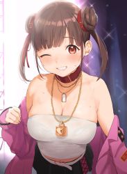 Rule 34 | 1girl, bare shoulders, belt, black skirt, blush, breasts, brown hair, cleavage, collar, double bun, grin, hair bun, highres, idolmaster, idolmaster shiny colors, jacket, jewelry, large breasts, lock, long hair, long sleeves, looking at viewer, necklace, nekoshoko, off shoulder, one eye closed, open clothes, open jacket, padlock, pink jacket, red eyes, short twintails, skirt, smile, sonoda chiyoko, sparkle, strapless, sweat, tube top, twintails