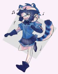 Rule 34 | 1girl, :d, animal ears, bad id, bad twitter id, black footwear, black gloves, black hair, black skirt, blue shirt, boots, closed eyes, commentary request, common raccoon (kemono friends), dancing, extra ears, full body, gloves, grey background, grey hair, highres, inactive account, jmeysan, kemono friends, miniskirt, multicolored hair, musical note, open mouth, pleated skirt, raccoon ears, raccoon tail, shirt, short hair, skirt, smile, solo, standing, standing on one leg, stitched arm, stitched leg, stitches, tail