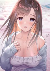 Rule 34 | 1girl, artist name, backlighting, banned artist, blue cardigan, blue eyes, blush, breasts, brown hair, camisole, cardigan, cleavage, collarbone, commentary request, day, frills, hand on own chest, highres, large breasts, long hair, long sleeves, midori foo, mole, mole on breast, multicolored hair, off shoulder, open mouth, orange hair, original, outdoors, single bare shoulder, sleeves past wrists, solo, teeth, two-tone hair, upper body, upper teeth only