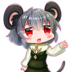 Rule 34 | 1girl, animal ear fluff, animal ears, blush, breasts, commentary request, cookie (touhou), cowboy shot, crystal, derivative work, grey hair, grey skirt, grey vest, jewelry, long sleeves, mouse ears, mouse girl, mouse tail, nazrin, nua (subeteadan199806020922), nyon (cookie), open mouth, pendant, red eyes, shirt, short hair, simple background, skirt, skirt set, small breasts, smile, solo, tail, touhou, vest, white background, white shirt