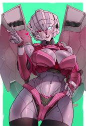Rule 34 | 1girl, absurdres, arcee, autobot, breasts, cleavage, hand on own hip, hand up, heart, highres, humanoid robot, large breasts, looking at viewer, navel, one eye closed, pink lips, robot, robot girl, science fiction, solo, spoken heart, transformers, unusualpie, v