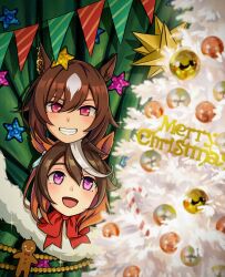 Rule 34 | 2girls, animal ears, banseog, blush, bow, bowtie, brown hair, christmas tree, curtains, diffraction spikes, gingerbread man, grin, highres, horse ears, looking at viewer, merry christmas, multicolored hair, multiple girls, open mouth, purple eyes, red eyes, sirius symboli (umamusume), small stellated dodecahedron, smile, star (symbol), streaked hair, string of flags, symboli rudolf (christmas emperor tree) (umamusume), symboli rudolf (umamusume), umamusume