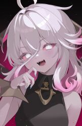 Rule 34 | 1girl, ahoge, blue nails, briar (league of legends), collared shirt, colored sclera, fangs, fingernails, gradient background, grey hair, hair between eyes, highres, hirami03, league of legends, long hair, looking at viewer, multicolored hair, nail polish, no pupils, open mouth, pink hair, pointy ears, red sclera, sharp fingernails, sharp teeth, shirt, simple background, sleeveless, solo, streaked hair, teeth, two-tone hair, upper body, vampire, white eyes