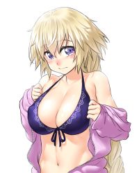 Rule 34 | 1girl, bare shoulders, bikini, bikini top only, blush, braid, breasts, cleavage, closed mouth, collarbone, covered erect nipples, embarrassed, fate/apocrypha, fate (series), front-tie bikini top, front-tie top, highres, jacket, jeanne d&#039;arc (fate), jeanne d&#039;arc (ruler) (fate), jeanne d&#039;arc (white cruising) (fate), large breasts, long hair, long sleeves, looking at viewer, navel, nervous smile, nose blush, off shoulder, onsoku inu, open clothes, open jacket, pink jacket, purple bikini, purple eyes, simple background, single braid, sleeves past wrists, smile, solo, stomach, swimsuit, upper body, very long hair, white background