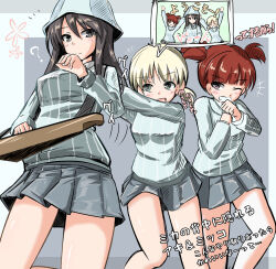 Rule 34 | +++, 3girls, ?, aki (girls und panzer), blue shirt, blunt bangs, brown eyes, brown hair, closed mouth, commentary, dress shirt, girls und panzer, green eyes, grey skirt, grin, highres, holding, holding instrument, instrument, isofude, kantele, keizoku school uniform, light brown hair, long hair, long sleeves, looking at another, looking at viewer, low twintails, mika (girls und panzer), mikko (girls und panzer), miniskirt, motion lines, multiple girls, notice lines, one eye closed, open mouth, pleated skirt, pushing, red eyes, red hair, school uniform, shirt, short hair, short twintails, skirt, smile, speech bubble, standing, striped clothes, striped shirt, translated, twintails, vertical-striped clothes, vertical-striped shirt, white shirt, wing collar