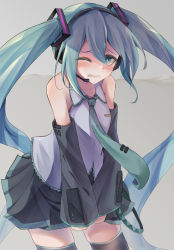 Rule 34 | 1girl, aqua hair, aqua necktie, bare shoulders, black skirt, black sleeves, black thighhighs, blue eyes, blush, breast pocket, breasts, breath, collarbone, collared shirt, cowboy shot, detached sleeves, embarrassed, female focus, grey background, grey shirt, hair ornament, half-closed eye, hatsune miku, have to pee, headphones, highres, long hair, long sleeves, miniskirt, necktie, nose blush, one eye closed, open mouth, pleated skirt, pocket, shirt, sidelocks, skirt, sleeveless, sleeveless shirt, small breasts, solo, standing, tears, textless version, thighhighs, twintails, urine meter, v arms, very long hair, vocaloid, watakarashi, wince, zettai ryouiki