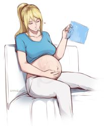 Rule 34 | 1girl, absurdres, bed, big belly, blonde hair, blue shirt, breasts, closed eyes, closed mouth, collarbone, eppihelilon, fetus, hand on own stomach, heart, highres, holographic interface, holographic monitor, large breasts, light smile, long hair, metroid, navel, nintendo, outie navel, pants, ponytail, pregnant, samus aran, shirt, short sleeves, simple background, sitting, smile, solo, uterus, white background, white pants, x-ray