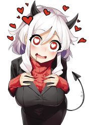 Rule 34 | 1girl, black horns, black skirt, blush, breast suppress, breasts, commentary, demon girl, demon horns, demon tail, fang, from above, hands on own chest, heart, heart-shaped pupils, helltaker, highres, horns, large breasts, layered sleeves, long hair, long sleeves, looking at viewer, modeus (helltaker), open mouth, overlord (overlord80000), pencil skirt, red eyes, red sweater, ribbed sweater, saliva, saliva trail, sidelocks, skin fang, skirt, sleeves past wrists, solo, striped clothes, striped sweater, sweater, symbol-shaped pupils, tail, turtleneck, white background, white hair, wide-eyed
