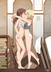 Rule 34 | 10s, 2014, 2girls, arms around neck, artist name, asymmetrical docking, bad id, bad pixiv id, bare legs, bare shoulders, barefoot, blonde hair, blush, book, book stack, breast press, breasts, brown eyes, brown hair, crop top, crop top overhang, dated, erica hartmann, closed eyes, full body, gertrud barkhorn, highres, kiss, legs, long hair, multiple girls, panties, ponytail, short hair, small breasts, sports bra, standing, standing on one leg, stormcow, strike witches, surprised, symmetrical docking, tank top, tiptoes, underwear, underwear only, white panties, world witches series, yuri
