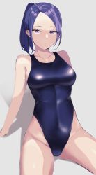 Rule 34 | 1girl, absurdres, arm behind back, black one-piece swimsuit, blue hair, breasts, collarbone, commentary request, competition swimsuit, cowboy shot, highleg, highleg swimsuit, highres, kairi (miry666), looking at viewer, medium breasts, medium hair, one-piece swimsuit, original, purple eyes, sitting, solo, swimsuit