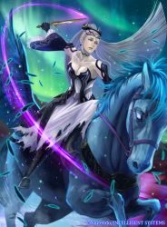 Rule 34 | 1girl, aurora, bare shoulders, black dress, blue eyes, boots, breasts, choker, circlet, cleavage, dress, earrings, eir (fire emblem), fire emblem, fire emblem cipher, fire emblem heroes, gloves, hair ornament, holding, holding weapon, horse, jewelry, knife, long hair, night, night sky, nintendo, official art, pale skin, ponytail, sky, slashing, soeda ippei, torn clothes, torn dress, weapon, white dress, white hair, wide sleeves
